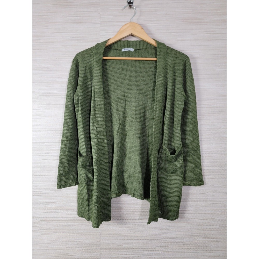 StitchWorks Women's Olive Green Waffle Knit Open Cardigan Sweater Pockets M